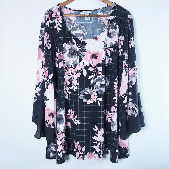 Catherines Tops - Catherines Womens Black Pink Studded Dream Drape Flutter Sleeve Blouse Size 3X